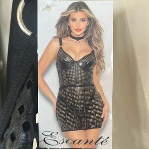 Brand New Escante Black Bondage Lingerie Thong Panty Collar Tight Cut Out